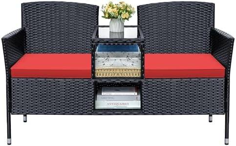 Greesum Patio Loveseat Outdoor Wicker Furniture Conversation Set,Red by BuynowfromGreesum