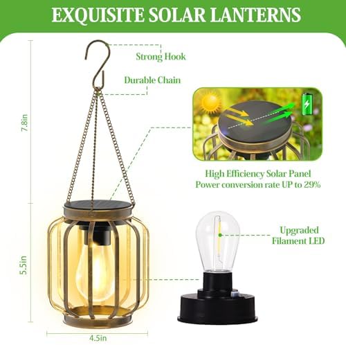 Solar Lanterns Outdoor Waterproof Metal Hanging Solar Lantern Lights Bronze - Image 3