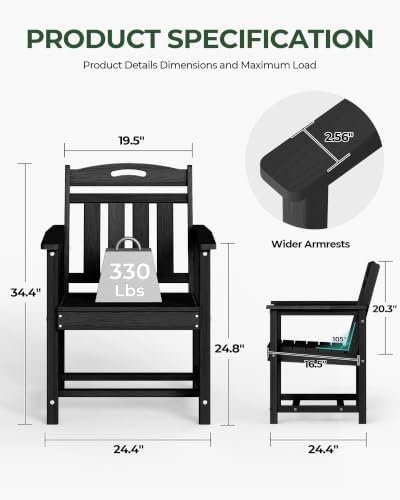 HDPE Outdoor Patio Dining Chairs with Wide Seat, Oversized, Black - Image 3