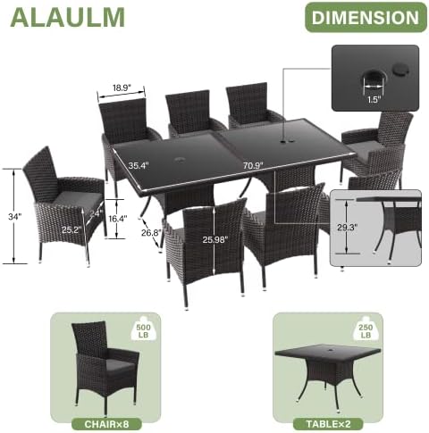 ALAULM 10 Piece Patio Dining Set All-Weather Wicker Outdoor Patio Furniture Set w/Tempered Glass Tabletop, Removable Cushions and Umbrella Hole for Patio, Backyard, Garden, Poolside (Grey) - Image 5