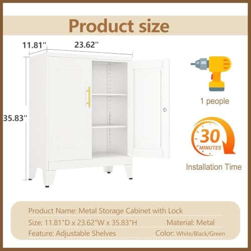 GAIOUS 36" Metal Office File Cabinet, White Locked Garage Storage Cabinets - Image 3