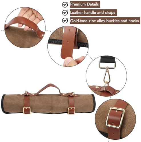 Knife Roll with Leather Straps and Metal Buckles, Double Layer Waxed Canvas Knife Bag, Large Chef Knife Bag with Handle and Shoulder Strap - Image 4