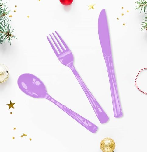 HEIPINIUYE 75 Pack Light Purple Plastic Cutlery Heavy Duty Lavender Plastic Knives Forks and Spoons Disposable Silverware Set for 25 Guest Camping Birthday Baby Shower Party Cutlery Set - Image 2
