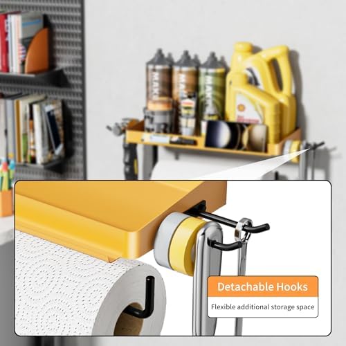 SUNTECH Garage Paper Towel Holder with Shelf & 2 Hooks Wall Mount, Yellow - Image 3