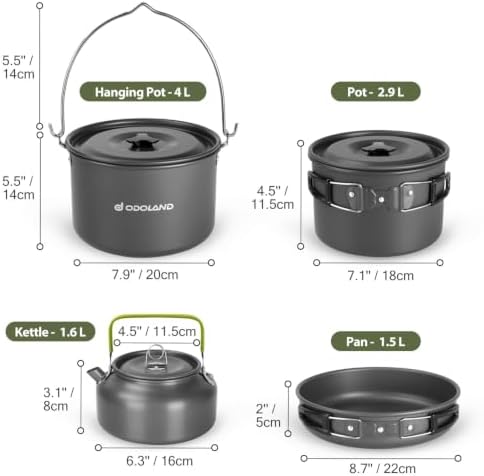 Odoland 39pcs Camping Cookware Mess Kit, Non-Stick Large Size Hanging Pot Pan Kettle with Base Dinner Cutlery Sets for 6 and More, Cups Dishes Forks Spoons Kit for Outdoor Camping Hiking Picnic - Image 4