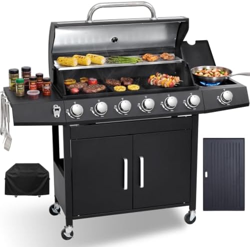 6-Burner Propane Gas BBQ Grill with Side Burner, Grill Cover, Charcoal Pan by COOKIT