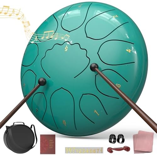 Rain Drum for Outside Garden, 8 Inches 11 Notes Steel Tongue Drum, Waterproof Meditation Rain Chime, Musical Instruments for Adult Gift with Bag, Music Book, Mallets (Lake Blue) by INNOWARMER