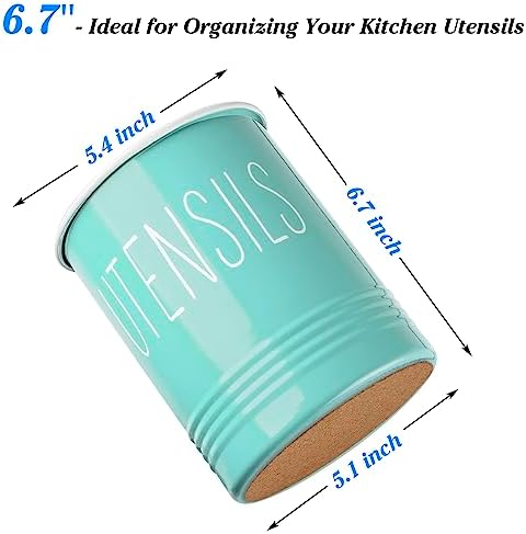 Bivvclaz Teal Kitchen Utensil Holder, 6.7" Utensil Holder for Kitchen Counter, Cooking Utensil Crock with Cork Bottom, Turquoise Decor and Accessories, Countertop Utensil Storage Caddy Organizer - Image 2