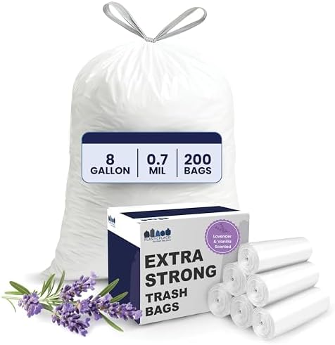 Plasticplace 8 Gallon Trash Bags │ 0.7 Mil │ Lavender and Soft Vanilla Scented Garbage Can Liners │ 22" x 22" (200 Count), White by Plasticplace