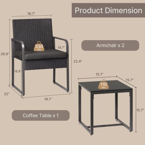 Gizoon 3 Pieces Patio Furniture Sets, Outdoor Rattan Conversation - Image 3