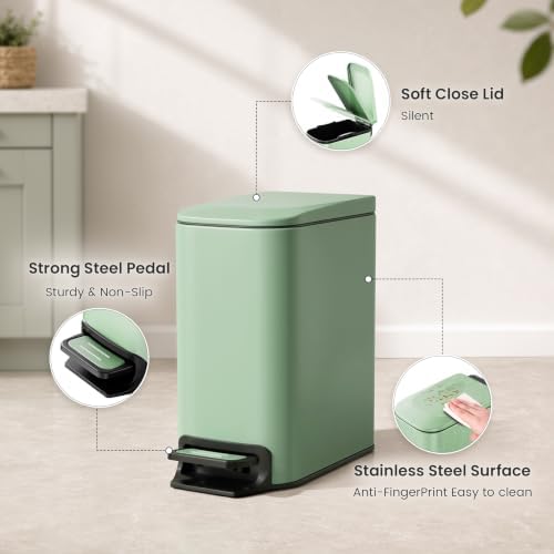 Cesun Small Bathroom Trash Can with Lid, 1.6 Gal, Soft Close, Sage Green - Image 3