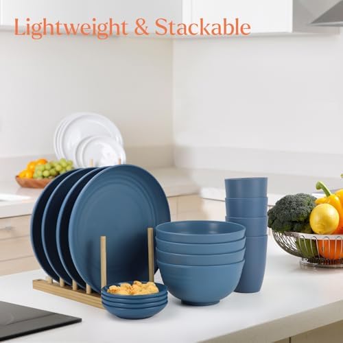 Wrova Wheat straw plates and bowls sets of 16 - Unbreakable wheat straw dinnerware sets for camping - Alternative plastic dinnerware set service for 4 - Microwave safe and Dishwasher safe bowls. Blue - Image 4