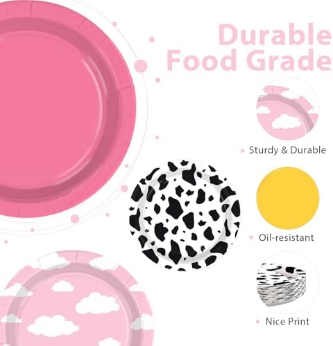 60Pcs Toy Paper Plates 7" Pink Yellow Cow Cloud Heavy Duty Paper Plates - Image 2