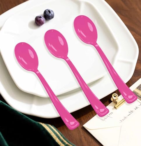 SietDESEO 50 PCS Hot Pink Plastic Spoons Disposable Utensils Heavy Duty Hot Pink Spoons Disposable Cutlery for Birthday Wedding Baby Shower Bridal Shower Plastic Silverware - Image 5