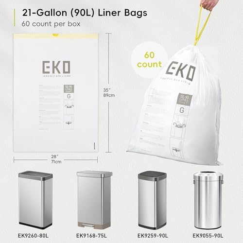 EKO 21 Gallon / 50-90 Liter, 60 Count Drawstring Trash Bags, Extra-Strong Garbage Bags, Fresh Floral Scent with Continuous Odor Control, Easy-Dispense Roll for Kitchen and Household Use, Code G, White - Image 6