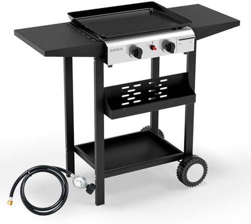 ROVSUN 2 Burner Portable Propane Griddle with Electronic Ignition, 20000 BTU Rolling Flat Top Gas Grill with Nonstick Enameled Tray, Side Shelves & Regulator for Outdoor Cooking Camping BBQ Tailgating by ROVSUN