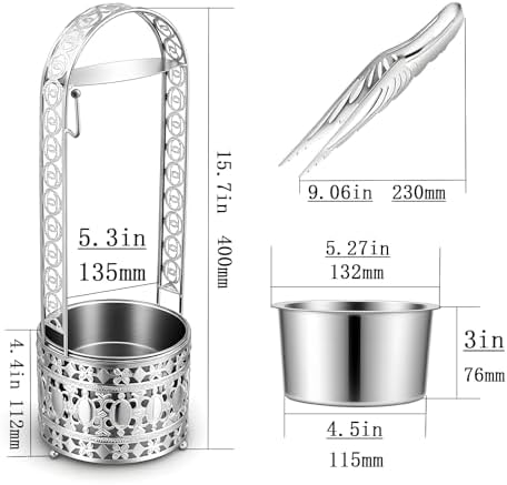 Portable Hookah Charcoal Basket with Coal Tongs,50 pre-Cut foil Sheets, 20 hygienic mouthpieces - Metal Storage Container & Holder for Shisha Accessories (Silver Basket 15.7") - Image 3
