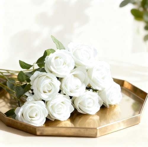 100Pcs White Roses Artificial Flowers with Stems，Fake Roses Bouquet Fake Flowers Bulk，Silk Velvet Roses for Wedding Centerpieces Arrangement Baby Shower Birthday Home Decor Gifts - Image 2
