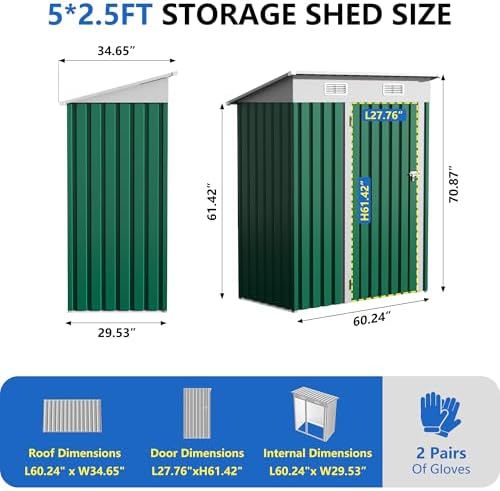 5X 3 FT Lockable Metal Storage Shed, Outdoor Bicycle Sheds Vertical Green - Image 2