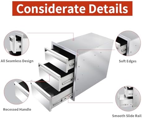 Outdoor Kitchen Drawers 14" W x 21" H x 23" D Triple BBQ Drawers Stainless Steel Built-in Drawer for Outdoor Kitchen Island, Patio Grill Station - Image 5