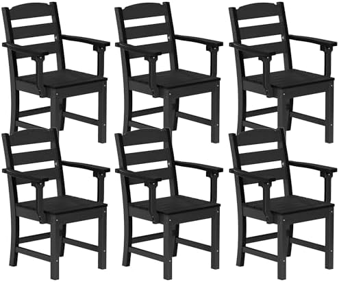 Patio Dining Chairs Set of 6, 350lbs Heavy Duty HDPE Outdoor Chair with Extra-Wide Seat & High-Back, All-Weather Garden Armchair with Integrated Armrests, Wood-Look Seating for Backyard, Deck (Black) by HOPUBUY