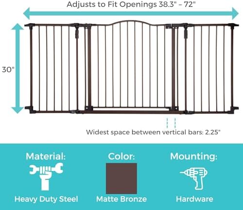 Toddleroo by North States - Deluxe Décor Safety Gate: Hardware Mounted Extra Wide Metal Baby Gate - Adjustable Child Gate - 38.3 to 72 Inches Wide - 30 Inches Tall - Matte Bronze - Image 4