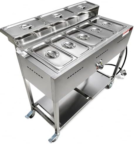 5 Pan Steam Table Food Warmer Cart | Heavy Duty Commercial Stainless Steel | Portable 4 Wheels | Outdoor Propane | 3 Condiment Containers | 8 Total Standard 1/3 Pans (12” x 6” x 4”) | CSA Approved | Catering, Home, and Backyard Use by GasSharkOutdoorCooking