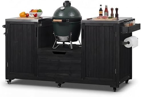 66.5" Outdoor Kitchen Island for Big Green Egg Grill, Solid Wood Outdoor Grill Cart for Tabletop Grill with Stainless Steel Top, Drawer, Compatible with Large Big Green Egg, Kamado Joe-Black by Andehomy
