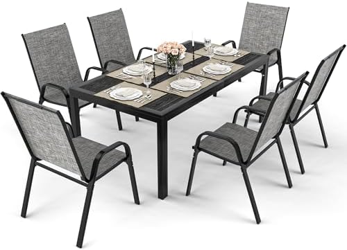 Pamapic Outdoor Dining Sets for 6, Rectangular Steel Slat Table with 6 Textilene Chairs, 7 Piece Patio Table and Chairs Set with Umbrella Hole for Patio, Backyard, Poolside (Grey, No Umbrella) - Image 2