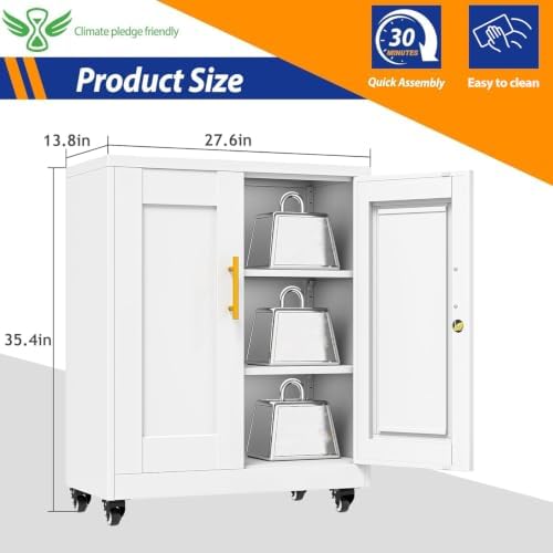 GAIOUS 35'' Tall Metal Storage Cabinet with Lock and Wheels, Steel Office Cabinet with 2 Door and 2 Adjustable Shelves, Lockable File Cabinet, Garage Cabinet, Rolling Cabinet for Home Office - White - Image 2