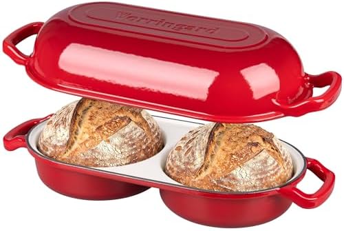 VORRINGARD Enameled Cast Iron Double Dutch Oven with Lid, Dual Round Loaf Pan, Bread pan for Homemade Sourdough Bread Baking, Red by Unknown