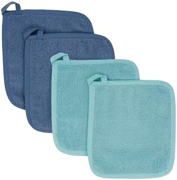 RITZ Terry Potholder & Hot Pad: Unparalleled Heat Resistant, Durable 100% Cotton – Ergonomically Designed for Optimal Grip – Easy-Care Machine Washable – 4-Pack, Dew/Federal by RITZ