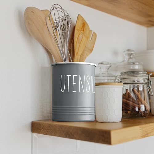 Bivvclaz Gray Kitchen Utensil Holder, 6.7" Utensil Holder for Counter, Cooking Utensil Crock with Cork Bottom, Modern Farmhouse Kitchen Decor, Countertop Utensil Storage Organizer Caddy - Image 6