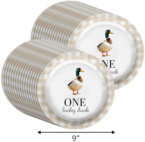 One Lucky Duck First Birthday - 32 Piece Disposable Party Supplies - Decorations for Beige Gingham 1st Birthday Round Party Plates - Large 9" Paper Plates In Bulk - Image 7
