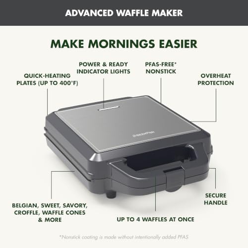 GreenPan Advanced Waffle Maker, 4-Square Belgian & Classic Waffle Maker, PFAS-Free Ceramic Nonstick, Cool-Touch Handle, Overheat Protection, Easy Clean, Graphite - Image 7