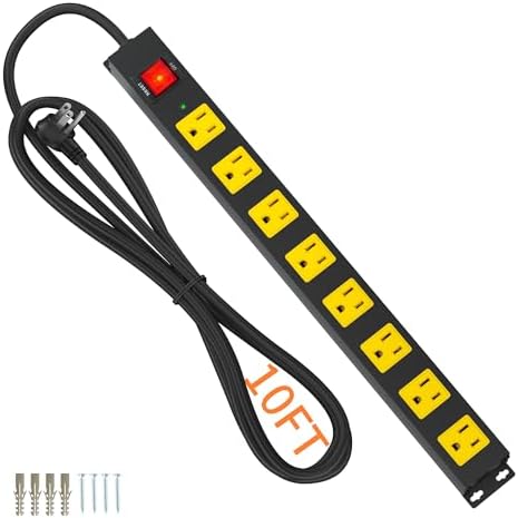 8 Outlet Power Strip 2100J Surge Protector, 10FT Heavy Duty Extension Cord Wide Spaced Outlet and Wall Mount Metal Powerstrip for Home Office Garage Workshop by Plugn