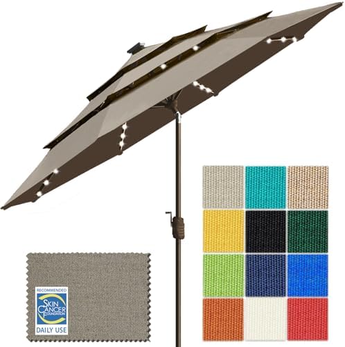 EliteShade USA 10-Year-Non-Fading 9ft 3-Tier Market Patio Umbrella, Commercial Table Umbrella with 80 Solar LED Lights, Crank Open, Windproof & UPF 50+ UV Protection for Garden, Deck, Pool, Backyard, Taupe by EliteShade