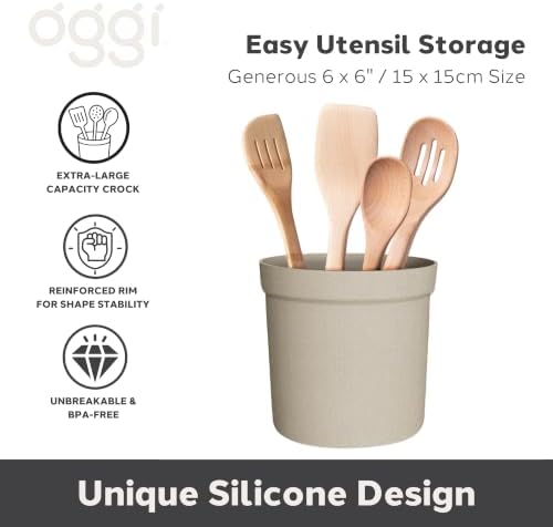 Oggi Silicone Utensil Holder for Kitchen Countertop, 6" x 6" Large Utensil Crock with Reinforced Rim, Food-Grade Unbreakable Silicone Kitchen Tool Holder & Countertop Organizer, Taupe - Image 2