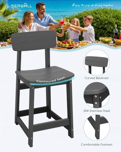 SERWALL Outdoor HDPE Counter-Height Bar Stools Set of 2, Gray - Image 4