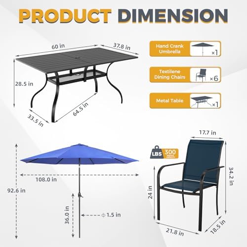 Incbruce 8-Piece Patio Furniture Set with Dark Blue Umbrella, Patio Table and Chairs Set of 6 Textilene Chairs and Rectangle Table with Umbrella Hole for Garden, Deck and Backyard (Blue) - Image 5