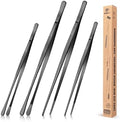 4 Pcs Fine Long Tweezer Tongs Professional Black, 12'' and 10'' Stainless Steel for Kitchen, Food, Cooking, Repairing, Sea food and BBQ by BUNDLEPRO