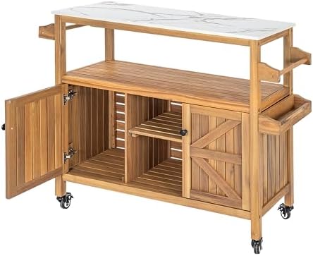 Merax Outdoor Acacia Wood Bar Cart, Natural Finish with Marble-Effect Top - Image 4