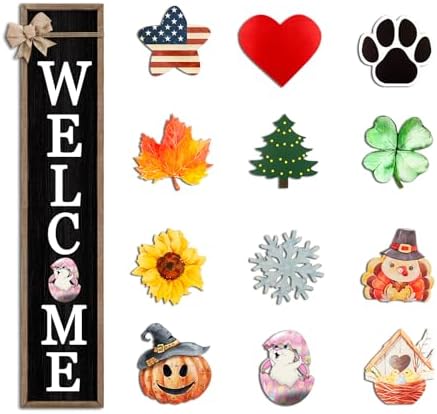 Interchangeable Welcome Sign 12 Pcs Replaceable Icons 45"X9" Wood Black by Surfapans