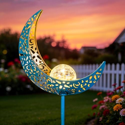Homeimpro Moon Solar Garden Lights Outdoor Stakes, Waterproof Crackle Glass Metal Yard Lights for Lawn, Patio Accessories, Backyard Decor, Birthday Gifts for Mom by Homeimpro