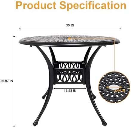 35" Outdoor Dining Table, Cast Aluminum Patio Bistro Table with 2.44" Umbrella Hole, Patio Furniture for Backyard Garden, Black - Image 3
