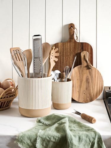 LE TAUCI Ceramic Kitchen Utensil Holder- 6.9" Large Cooking Utensil Crock & Organizer for Spatula, Spoon, Whisk - Farmhouse Countertop Storage, Cream Beige, Line - Image 2