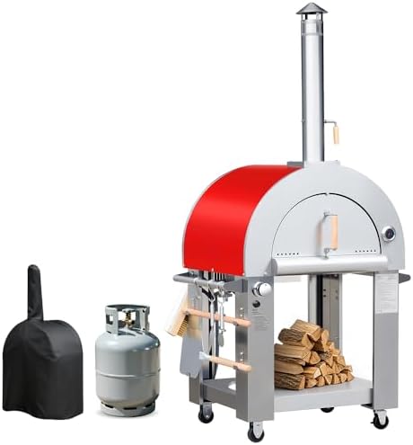 KOSTCH 32.5 inch Wood Fired and Propane Gas Pizza Oven for Outdoor Kitchen in Stainless Steel, Large Pizza Oven for Outside, Yard and Party (Red with Cover) by KOSTCH