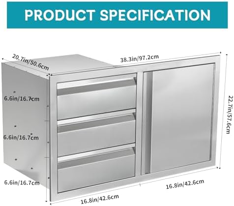 Outdoor Kitchen Door Drawer Combo Cabinet,38.1W x 22.6H x 20.8D Stainless Steel with Handles,Triple Drawers & BBQ Access Combo for Outdoor Kitchen Island (Drawer and Right Door Combo) - Image 2
