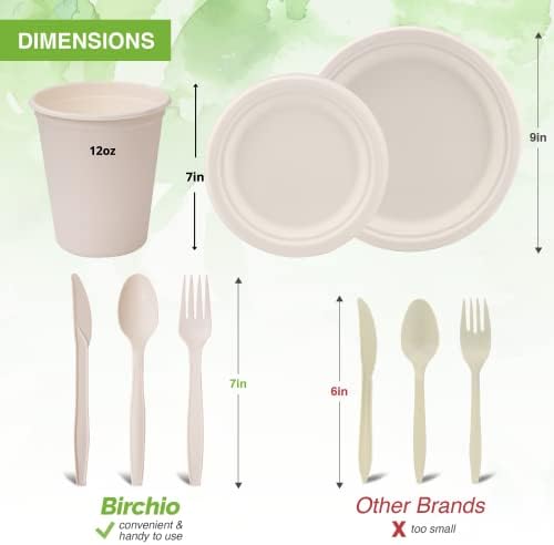 300 Piece (50 Sets) Biodegradable Paper Plates Set (EXTRA LONG UTENSILS), Disposable Dinnerware Set, Eco Friendly Compostable Plates & Utensil include Plates, Cups, Forks, Knives and Spoons - Image 2