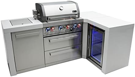 Mont Alpi 82"W x 50"D Deluxe Stainless Steel L-shaped Modular Outdoor Kitchen Island + Infrared Side Burner + Refrigerator + 32"W 4-Burner BBQ Grill + Granite Countertops + Storage Cabinets & Drawers by MontAlpi